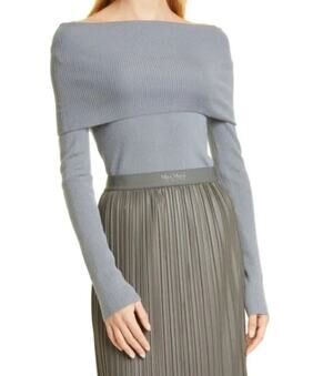 MaxMara Leisure Lorena Pure Wool Ribbed Sweater S Grey Blue Off-shoulder Funnel